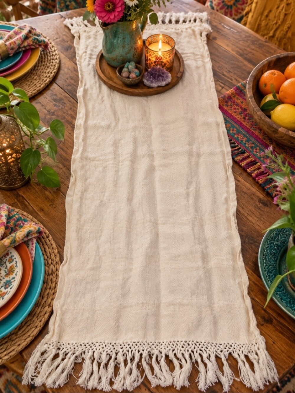 4/$15 Cream Ivory Boho Table Runner 17x38 Textured Fringe Tassel Cottagecore